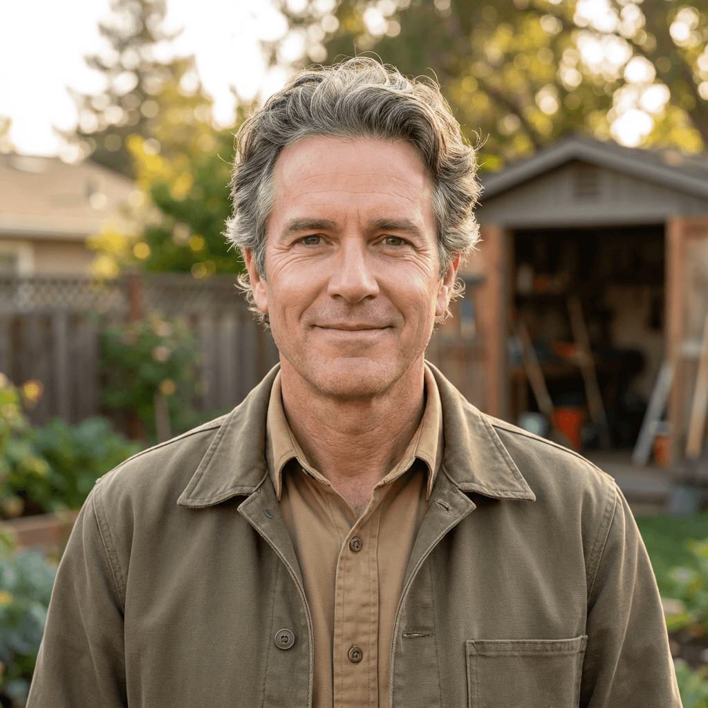 Daniel P., a man in his 50s with a gentle expression, standing at a window with soft morning light