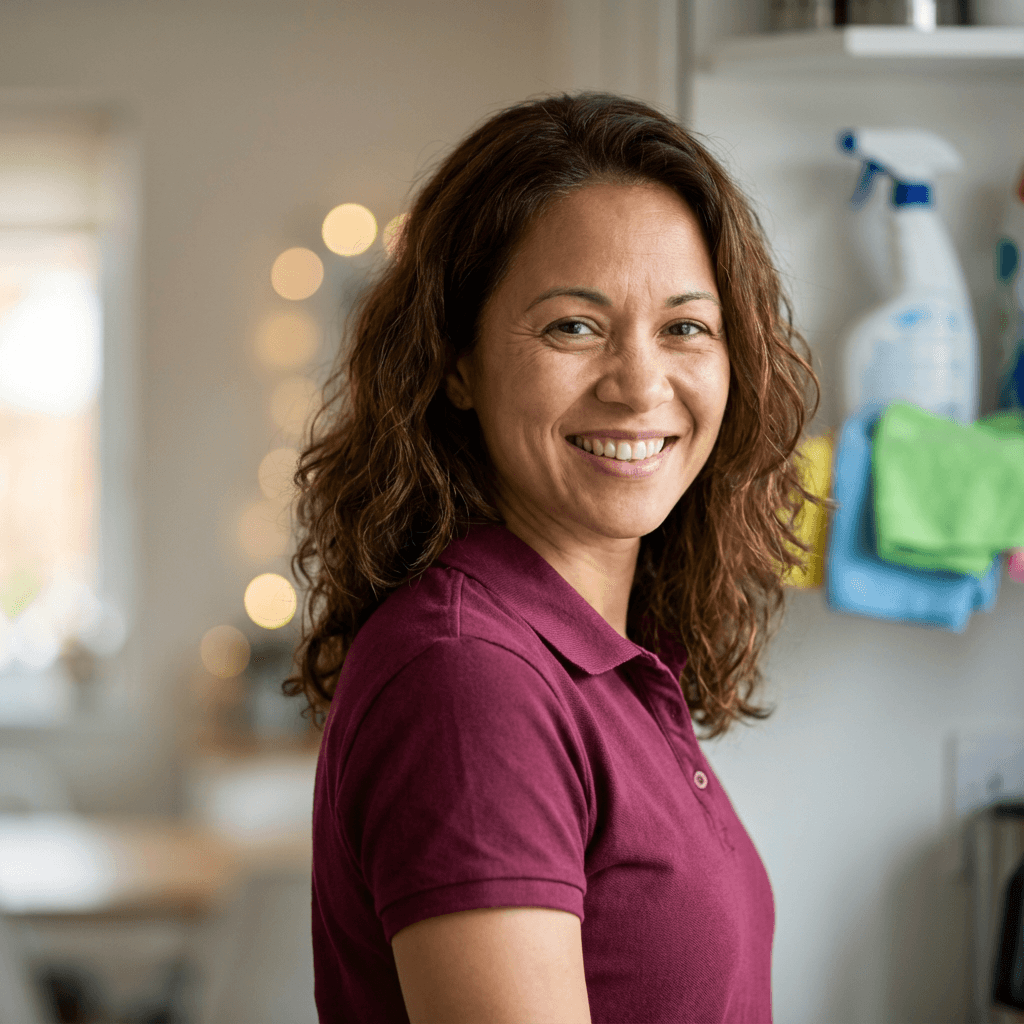 Rachel V. smiling gently in a cozy living room setting