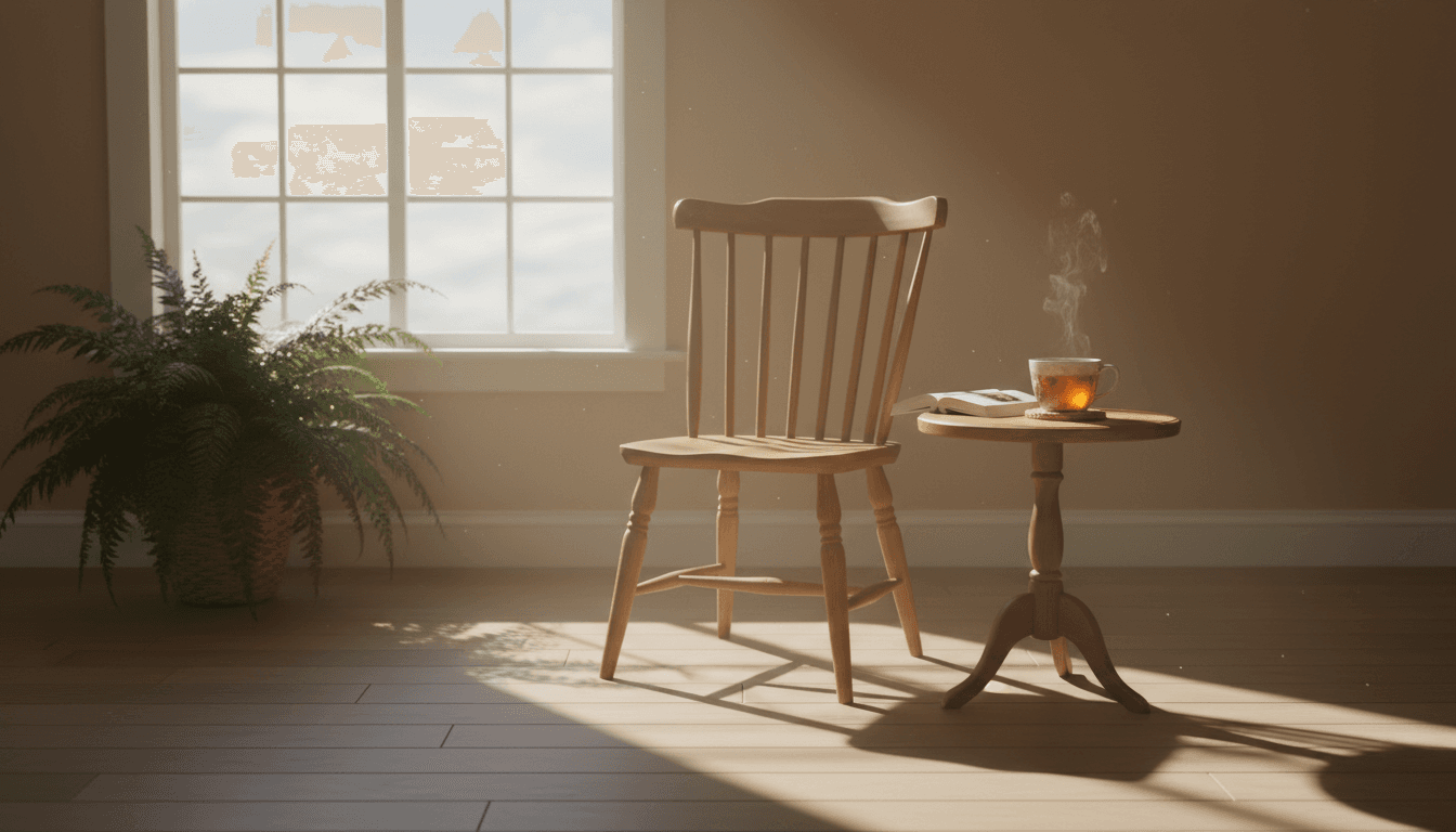 A calm room with a wooden chair and a cup of tea by a window