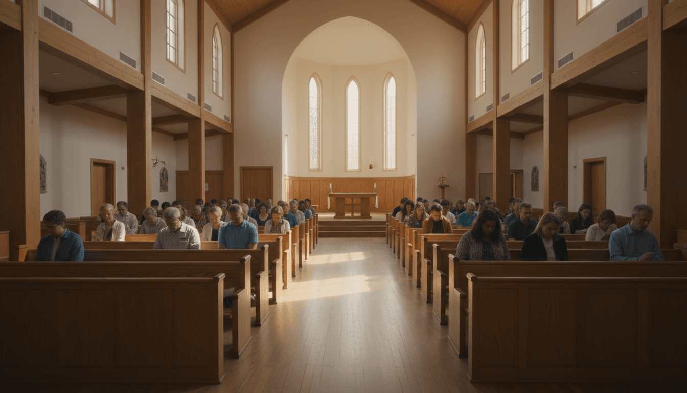 A small community support group in quiet reflection