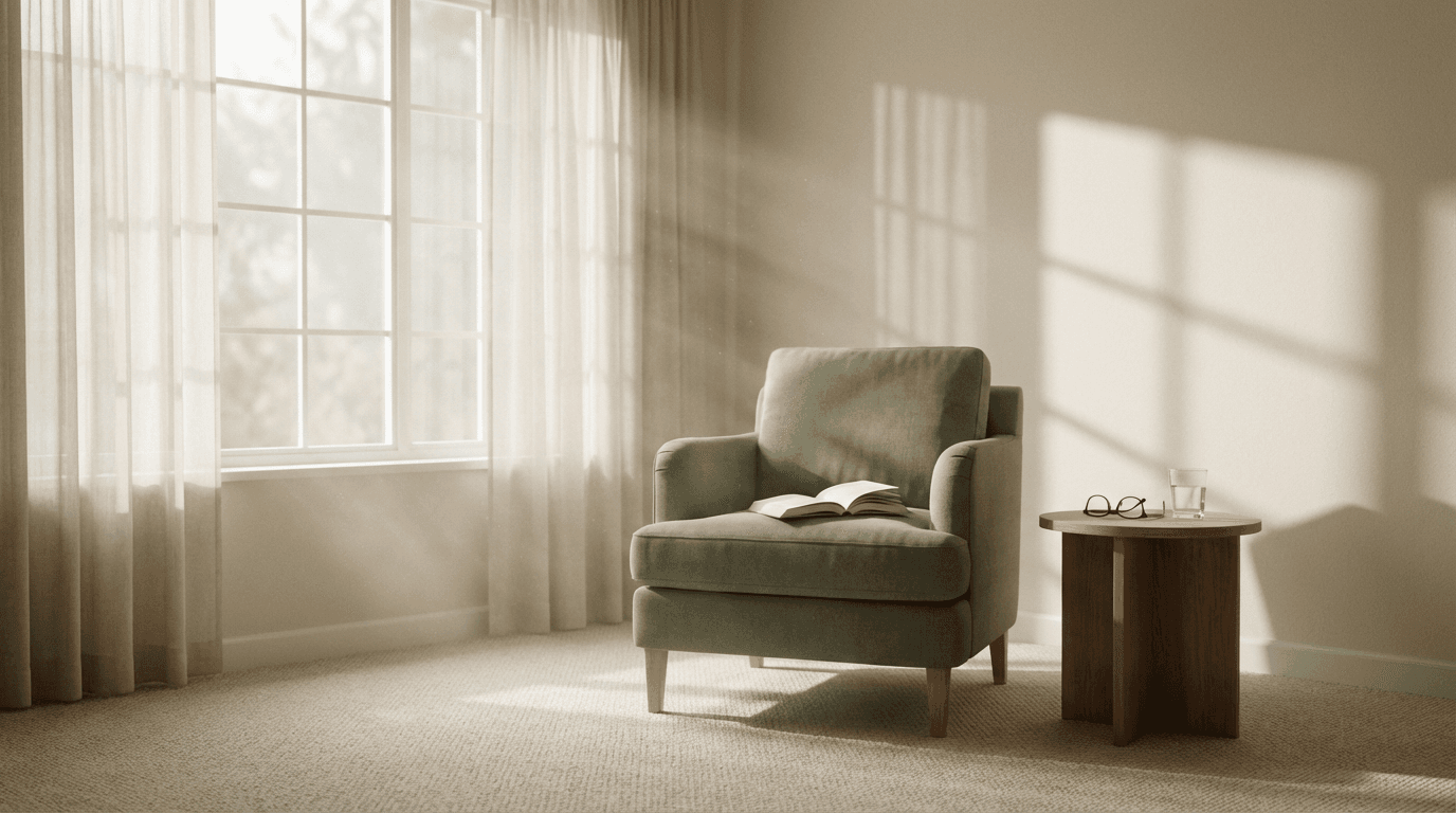 Quiet room with soft window light and a lit candle on a small table